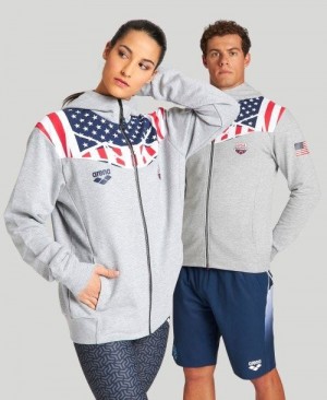 Arena Usa Swimming Team Kit Hooded Zip Jacket Grey | KJUHZAX-59