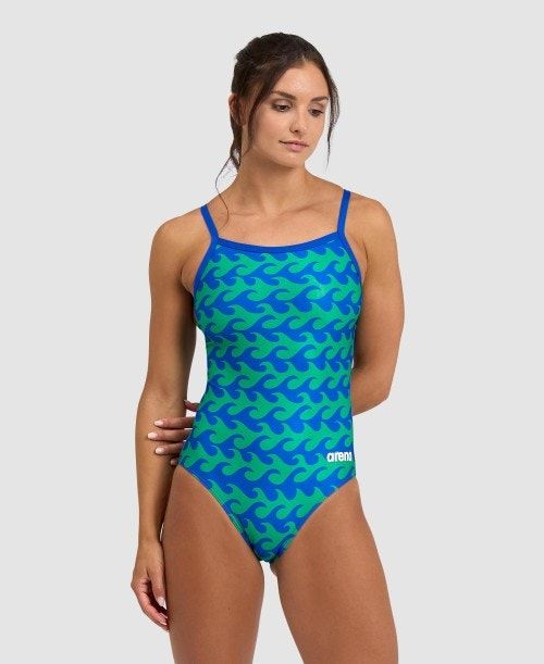 Arena Ride The Wave Light Drop Back One Piece Blue / Navy Green | JIBLUAT-64