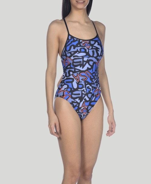 Arena Usa Allover Booster Back One Piece Navy Multicolor / Black | HOLVQGY-52