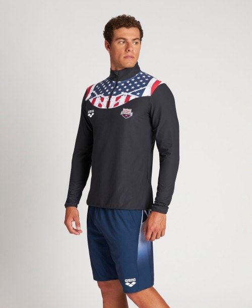 Arena Usa Swimming Team Kit Half Zip Shirt Black | GXMLNQH-82