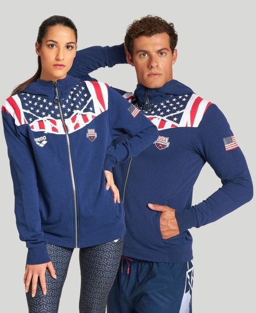 Arena Usa Swimming Team Kit Hooded Zip Jacket Navy | KOEXAZB-02