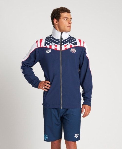 Arena Usa Swimming Team Kit Warm Up Jacket Navy / White | ZQTNHLG-42